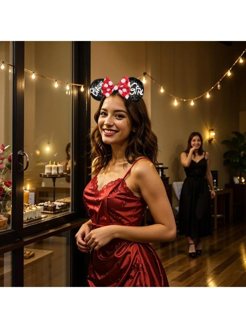 Women Red&black Polyester Sparkle Sequin Mickey Mouse Hair Bow Handmade Headband